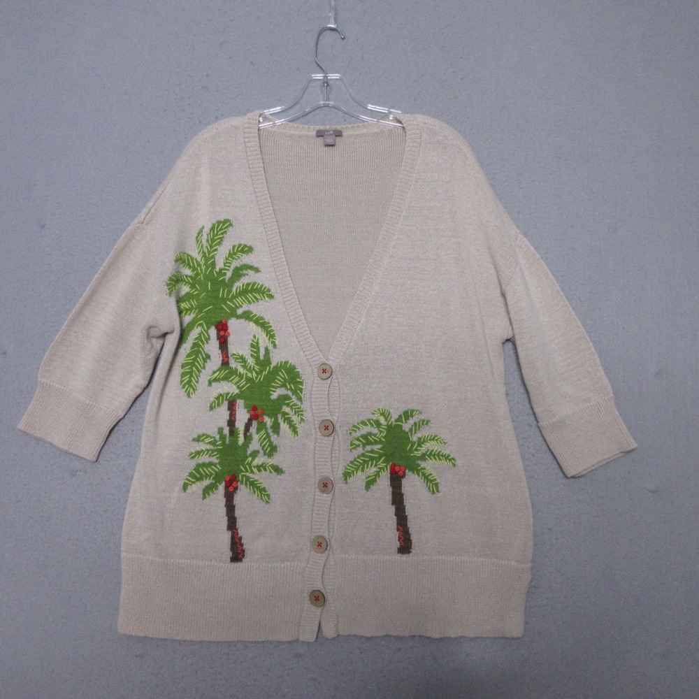 J Jill Cardigan Large Beige Linen Blend Palm Tree Coastal Beachy Embroidered